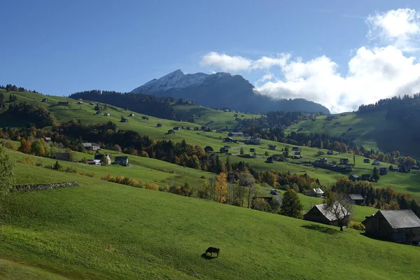 ヴァレンゼーの上のアムデン近くのスイスの山の中の急な地形に小屋や家 — ストック写真