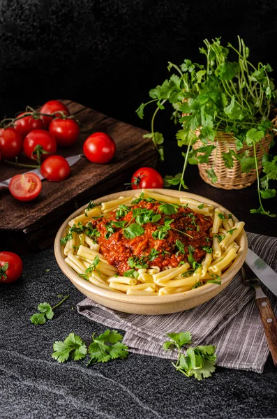 Pasta Tomato Sauce Basil Leaves Wooden Background — Stock Photo, Image