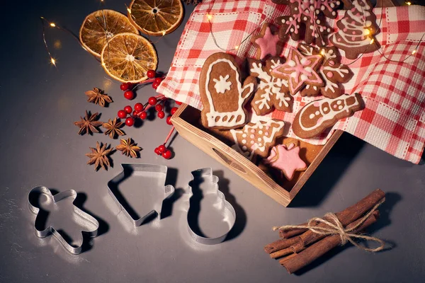 Fundo Natal Com Biscoitos Gengibre Especiarias — Fotografia de Stock