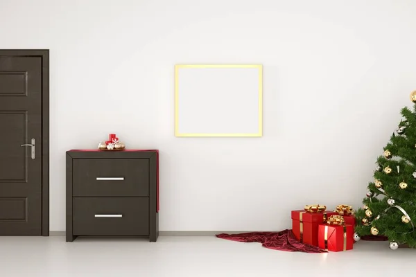 用门窗 圣诞花圈 圣诞树和礼品盒装饰帆布海报金框 白墙背景 3D说明 — 图库照片