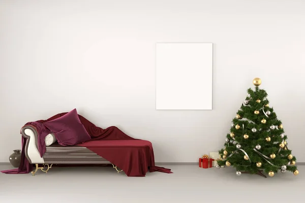 用沙发 圣诞树 花瓶和圣诞礼物装饰帆布海报打印客厅 洁白的墙背景 3D说明 — 图库照片