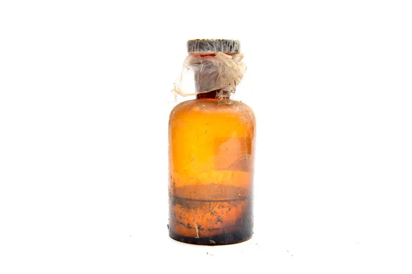 Vieja Botella Sucia Vidrio Con Líquido Desconocido Imagen —  Fotos de Stock