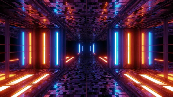 具有砖纹理的未来主义科幻空间隧道走廊3D插图背景墙纸 现代科幻3D渲染Romm设计 — 图库照片