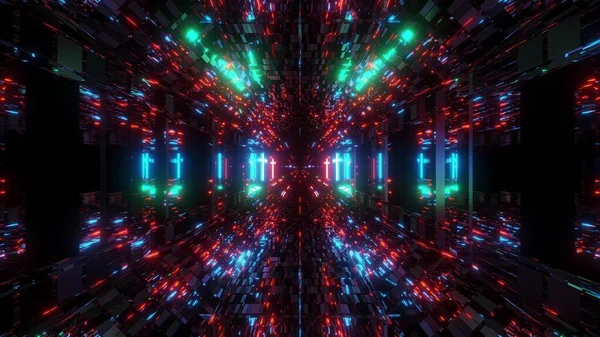 Futurystyczny Refleksyjny Tunel Scifi Świecącym Świętym Krzyżem Chrześcijańskim Ilustracja Tło — Zdjęcie stockowe