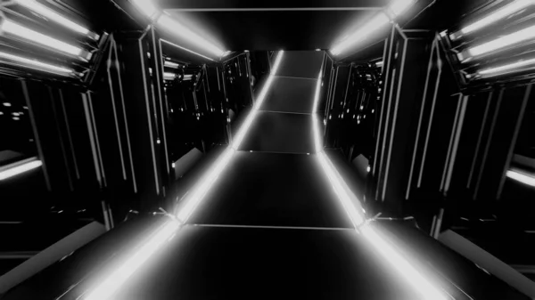 Футуристичний Науковий Тунельний Коридор Ілюстрація Сяючими Вогнями Скляними Вікнами Фонові — стокове фото