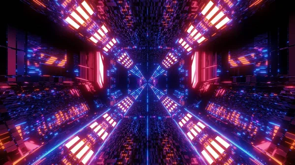 高反光砖结构的科幻隧道走廊 具有神圣发光的基督教十字符号3D渲染墙纸背景 技术结构的科幻机库 有无尽的灯光3D插图 — 图库照片