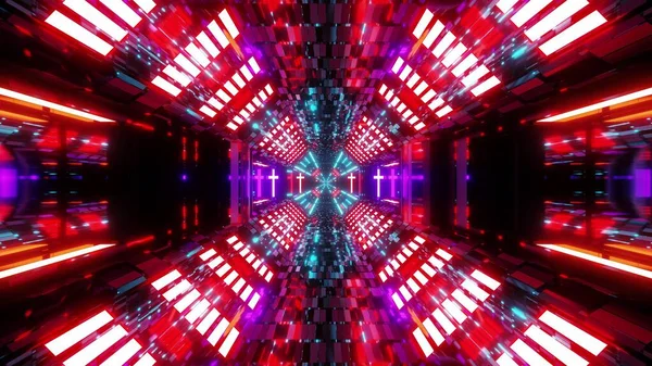 Świecący Futurystyczny Korytarz Tunelu Scifi Świętym Świecącym Chrześcijańskim Krzyżem Symbol — Zdjęcie stockowe