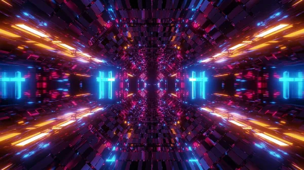 Świecący Futurystyczny Korytarz Tunelu Scifi Świętym Świecącym Chrześcijańskim Krzyżem Symbol — Zdjęcie stockowe