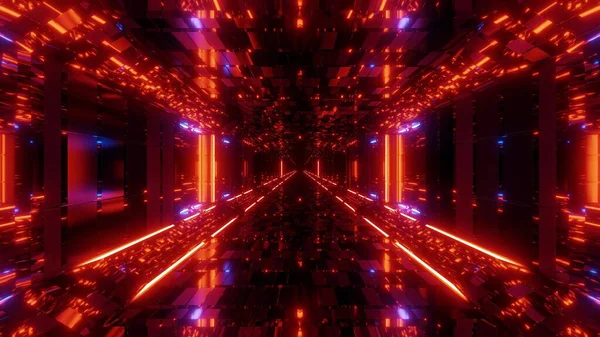 将来のScfiレンガテクスチャ格納庫トンネル廊下素敵な輝く光と反射3Dイラスト壁紙の背景 無限の輝く光3Dレンダリングデザイン — ストック写真