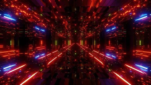 未来科幻砖结构机库隧道走廊与漂亮的发光和反射3D插图墙纸背景 无休止的发光3D渲染设计 — 图库照片