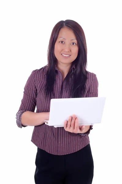 Young Attractive Asian Woman Laptop Front White Background — Stock Photo, Image