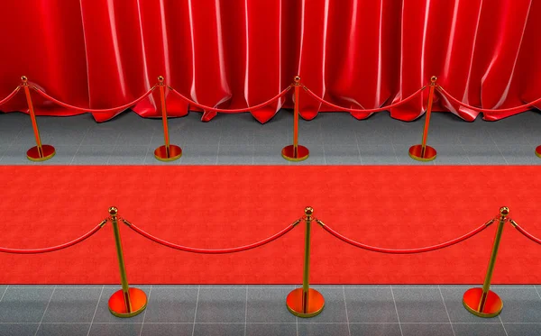 Detail Eines Roten Teppichs Mit Vorhängen Und Goldenen Barrieren Mit — Stockfoto