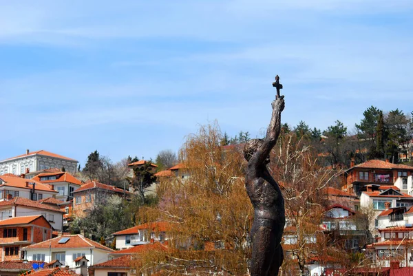 Makedonya Nın Ohri Kentinde Bir Haç Yakalayıcısının Fotoğrafı Bir Heykel — Stok fotoğraf