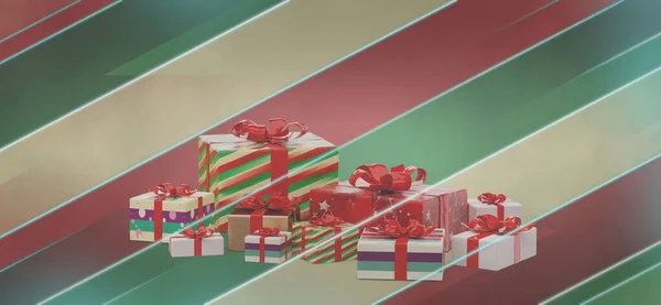 Cadeaux Noël Couleur Fond Créatif Diagonale Avec Des Rayures Néon — Photo