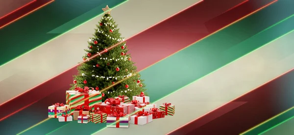 圣诞圣诞树和圣诞礼物 彩色创作对角线背景 带有霓虹灯条纹 — 图库照片