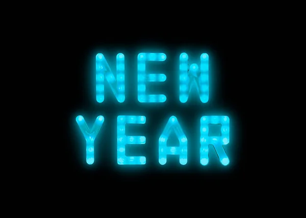 Close Modrý Neon Zářící Jasné Led Světla Nový Rok Znamení — Stock fotografie