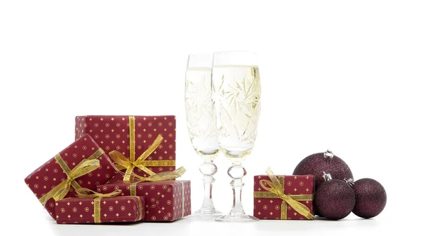 Still Life Two Champagne Flutes Gift Boxes Christmas Decoration Isolated — Stock Photo, Image
