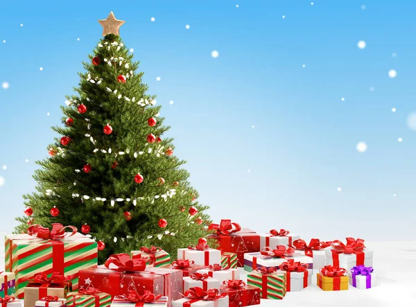 Kerstboom Met Geschenken Cadeautjes Blauwe Achtergrond — Stockfoto
