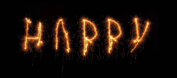 Word Happy Written Sparkler Black Background — Stock Photo, Image