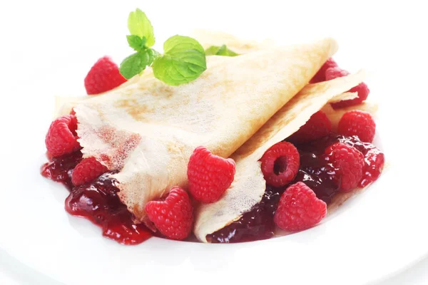 Pancakes Strawberries Mint White Background — Stock Photo, Image