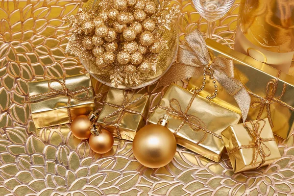 Golden Christmas Ornaments Gift Boxes Gold Background Christmas New Year — Stock Photo, Image