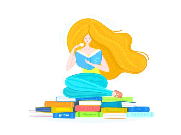 红头发的女孩拿着一堆书和一杯茶 女人坐在书架上 图书馆 出版社的海报 广告横幅或明信片 第10页 — 图库照片