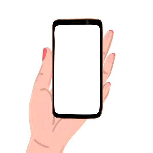 Modelo Com Mão Mulher Segurando Smartphone Com Tela Branco Design — Fotografia de Stock