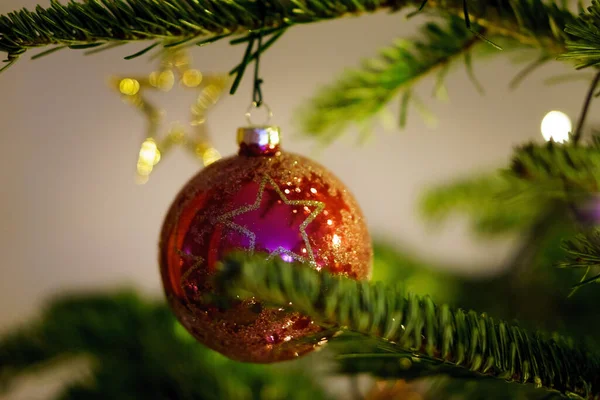 Árbol Navidad Con Bola Roja Una Rama —  Fotos de Stock