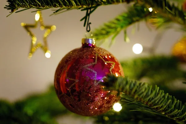 モミの木の背景に装飾が施されたクリスマスツリー — ストック写真
