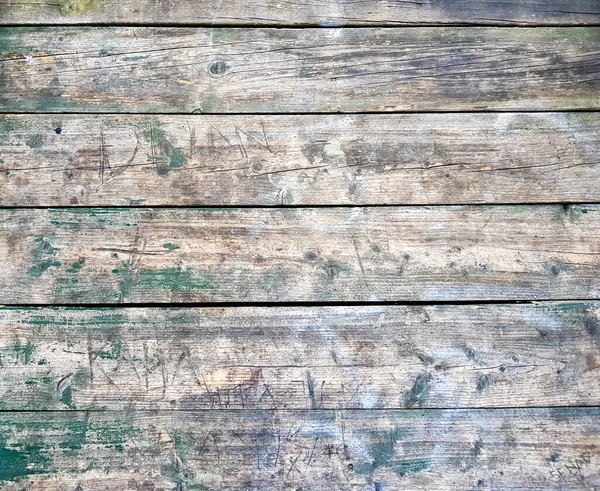 Oude Versleten Houten Plankenvloer Groene Geschilde Kleuren Gegraveerd Met Verschillende — Stockfoto