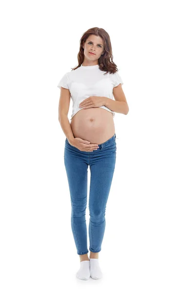 Pregnant Woman Jeans White Background — Stock Photo, Image