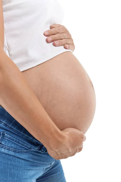 Zwanger Vrouw Met Haar Buik Witte Achtergrond — Stockfoto