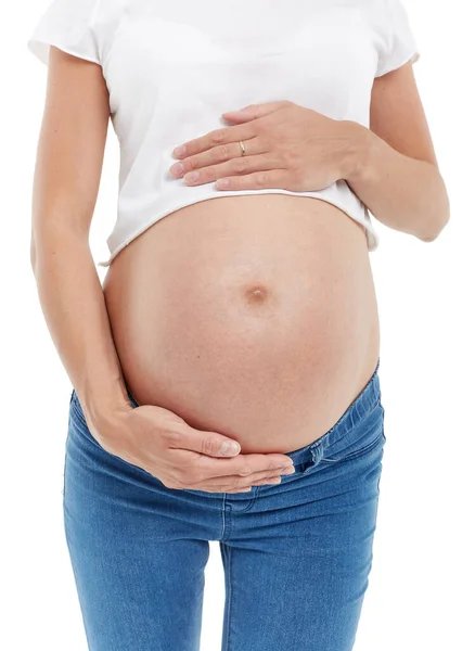 Kobieta Ciąży Brzuchem Białym Tle — Zdjęcie stockowe