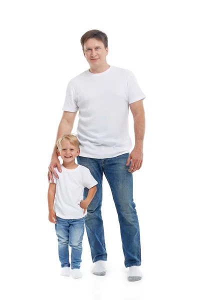 Friendly Family Young Man Child Stands Isolated White Background Happy — Stock Photo, Image