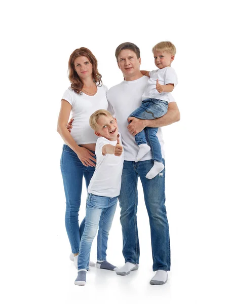 Happy Parents Pregnant Mother Father Lovely Two Sons Stand Hugging — Stock Photo, Image