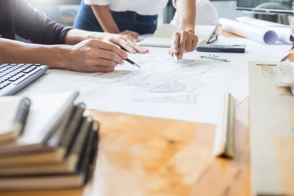 Professional Architects Working Blueprint Discussing Construction Plans Engineer Building Business — Stock Photo, Image