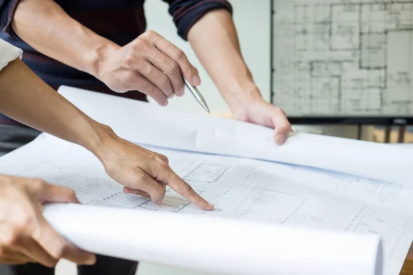 Professional Architects Working Blueprint Discussing Construction Plans Engineer Building Business — Stock Photo, Image