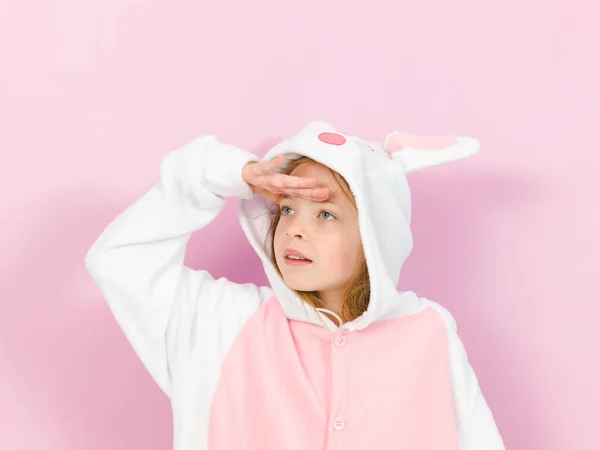 Pretty Blonde Girl Cozy Rabbit Costume Posing Studio — Stock Photo, Image