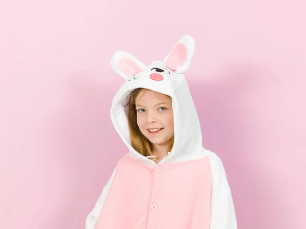 Pretty Blonde Girl Cozy Rabbit Costume Posing Studio — Stock Photo, Image