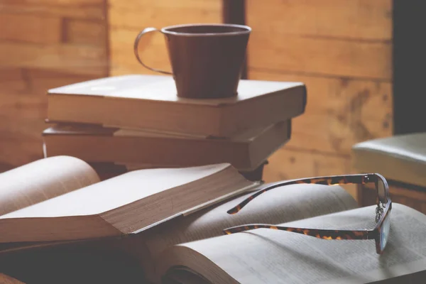 Cup Coffee Books Wooden Table — Stock Photo, Image