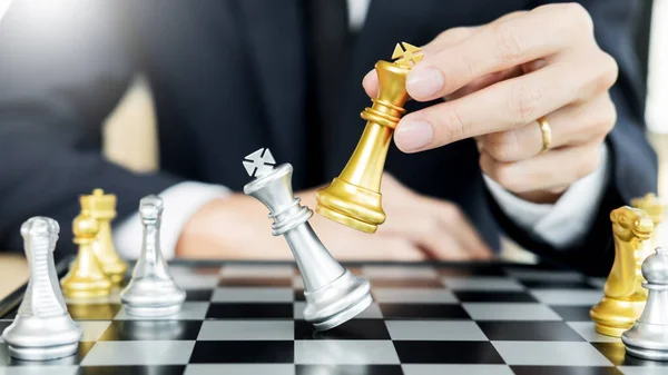 Businessman Playing Chess Figure Take Checkmate Another King Team Strategy — Stock Photo, Image