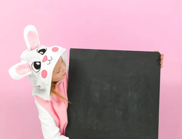 Pretty Blonde Girl Cozy Rabbit Costume Blackboard Posing Studio Happy — Stock Photo, Image