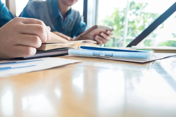 Two Students Studying Together Text Book Lifestyle Tutoring Concept White — Stock Photo, Image