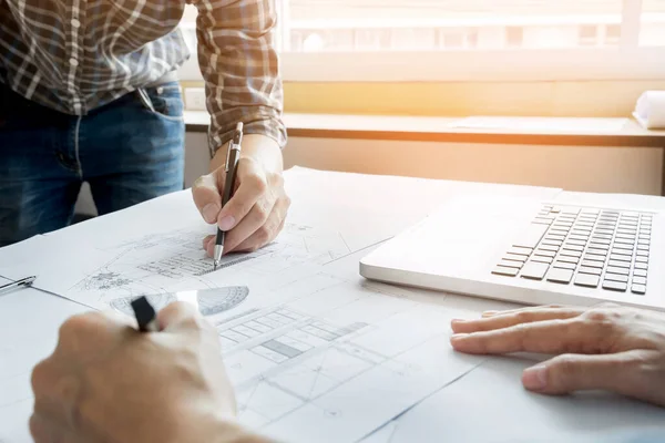 Architects Engineer Discussing Table Blueprint Closeup Hands Project Print Team — Stock Photo, Image