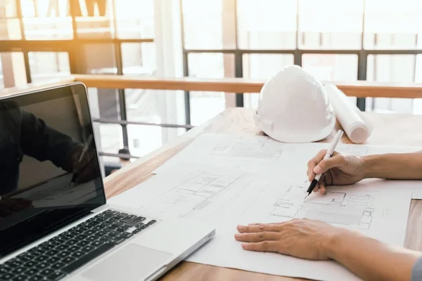 Engineer Architect Starting Draw House Blueprint Desk Office Construction Working — Stock Photo, Image