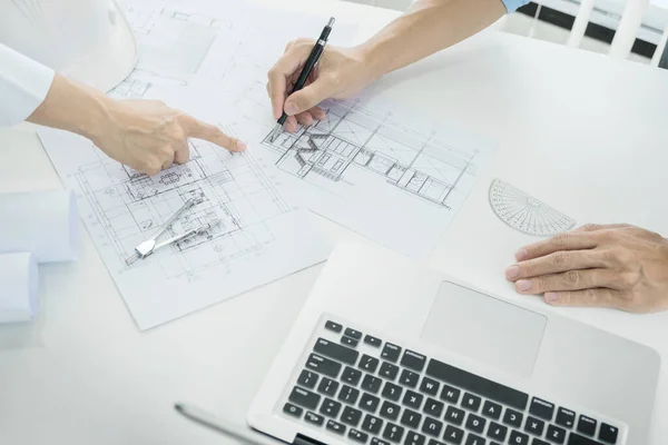 Architects Engineer Discussing Table Blueprint Closeup Hands Project Print Team — Stock Photo, Image