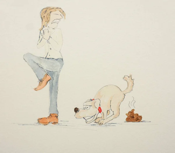 Dog Owner Disgusted Dog Poo Hand Drawn Comic Illustration Made — Stock Photo, Image