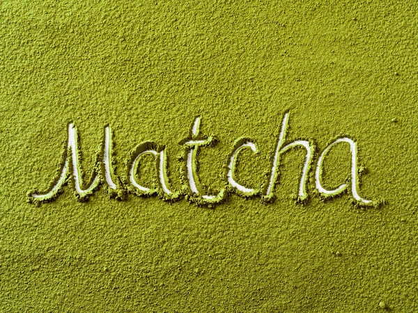 Matcha Szó Felett Zöld Matcha Tea Por Háttér Felülről Lefelé — Stock Fotó