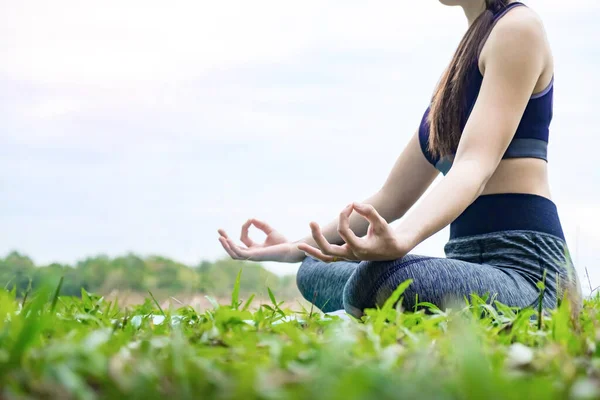 Vista Trasera Cerca Mujer Realizar Yoga Meditando Sobre Fondo Naturaleza —  Fotos de Stock