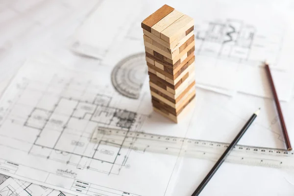 Blueprint Wooden Block Tower Planning Risk Strategy Business Architectural Project — Stock Photo, Image